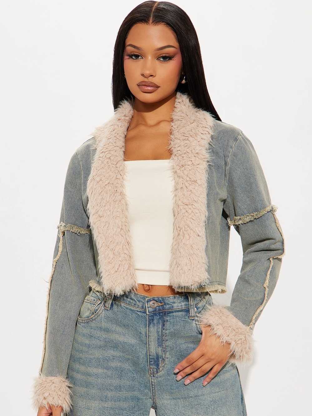 Fashion Nova Cropped Blue Denim Jacket with Cream Faux Shearling Trim